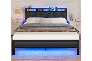 Furnulem Queen Size Bed Frame with Headboard and LED Lights, Upholstered Bedframe with Charging Station and USB Port, Platform Metal Bed Frames, No Box Spring Needed, Noise Free