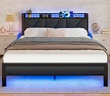 Furnulem Full Size Bed Frame with Headboard and Storage Shelf, LED Light and Charging Station, Metal Platform Bed with Heavy Duty Slats, No Box Spring Needed, Noise Free & Easy Assembly