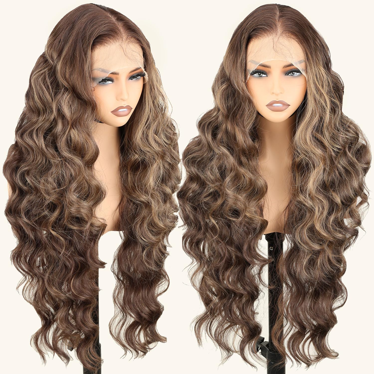 Photo 1 of SOKU 13x6 Lace Frontal Wig Highlighted 32 Inch Body Wave Pre Plucked Babyhair Transparent HD Lace Heat Friendly Highlights Brown Bouncy Synthetic Hair