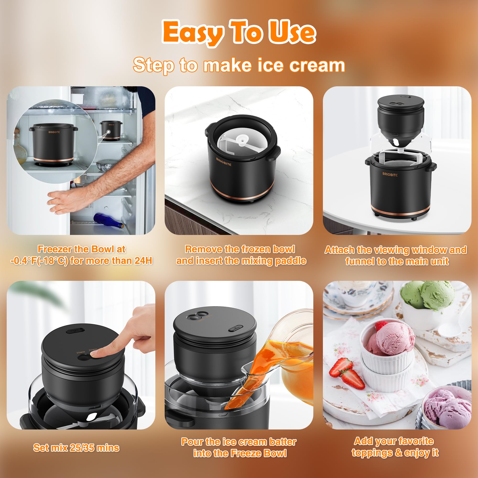 BRIOBITE Máquina para hacer helados de 1,1 cuartos – Máquina eléctrica para helados, batidos y sorbetes, perfecta para 2-3 porciones, fácil de usar y limpiar, color negro