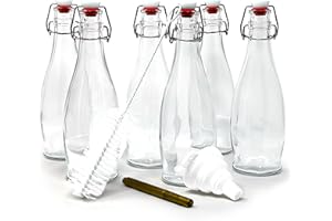 Nevlers Set of 6 | 17 oz Glass Bottle Set with Airtight Swing Top Stoppers | Home Brewing Bottles for Kombucha, Beer, Water Kefir, Limoncello | Includes Bottle Brush, Funnel and Gold Glass Marker