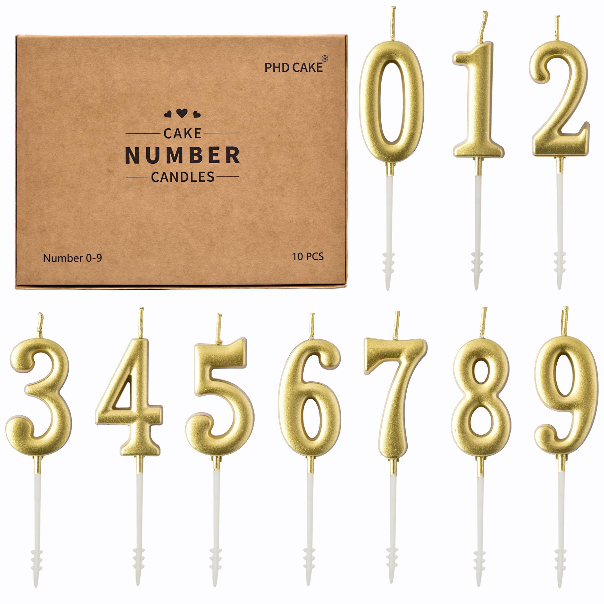 Photo 1 of PHD CAKE 10-Pieces Gold Numeral Birthday Candles, Cake Numeral Candles Number 0-9 Glitter Cake Topper Decoration for Birthday,Wedding Anniversary,Party Celebration
