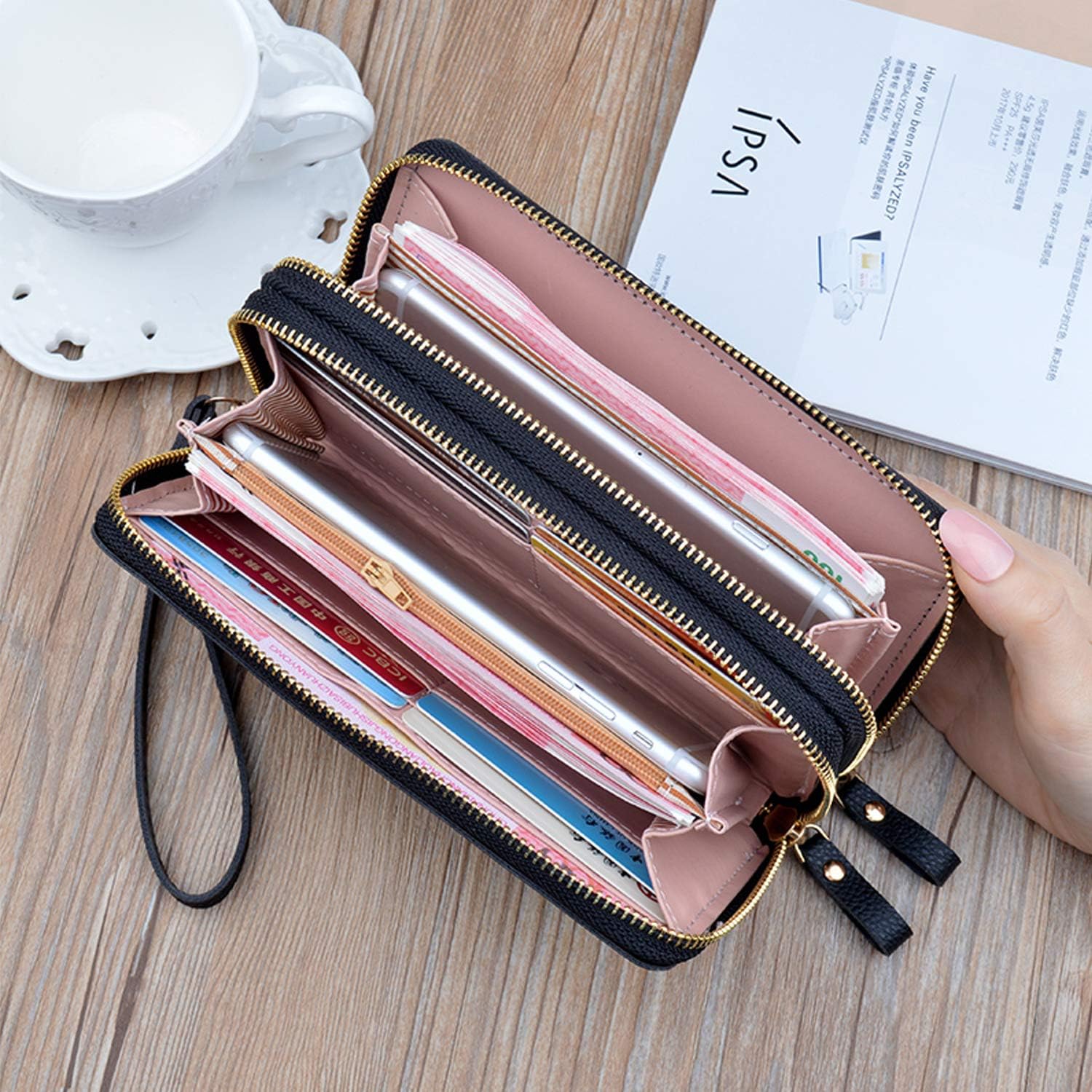 Yixuan Ladies Purse with Double Zipper Coin Purse PU Leather Phone Wallet for Women Large Capacity Long Clutch Wallet with Multiple Card Slots(Black1) - Image 4