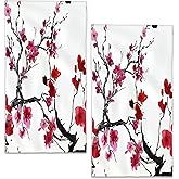 BIGXIUKA Red Japanese Cherry Blossom Hand Towels Set of 2,28 x 14 Inch Watercolor Bathroom Towel Soft Absorbent Kitchen Hotel Spa Laundry Room Gym Face Towel Decor