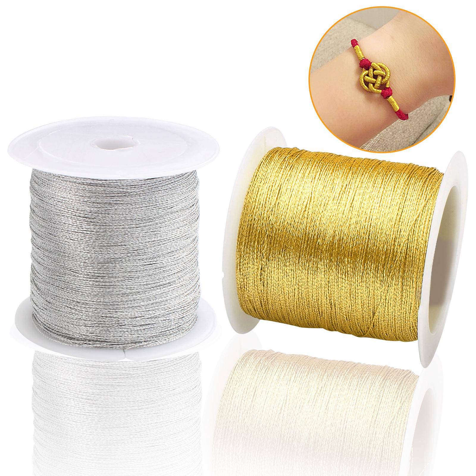 2Rolls Metallic Cords Metallic Tinsel Cord Rope Non Stretch Metallic Twine String for Christmas Wrapping Hanging Card DIY Craft (Silver and Gold)