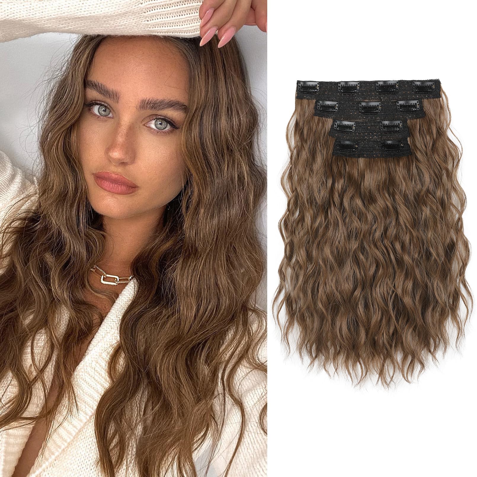 Photo 1 of REECHO Clip in Hair Extensions, 4PCS 14" Short Wavy Hair Extensions Invisible Lace Weft Natural Soft Hairpieces for Women Light Brown