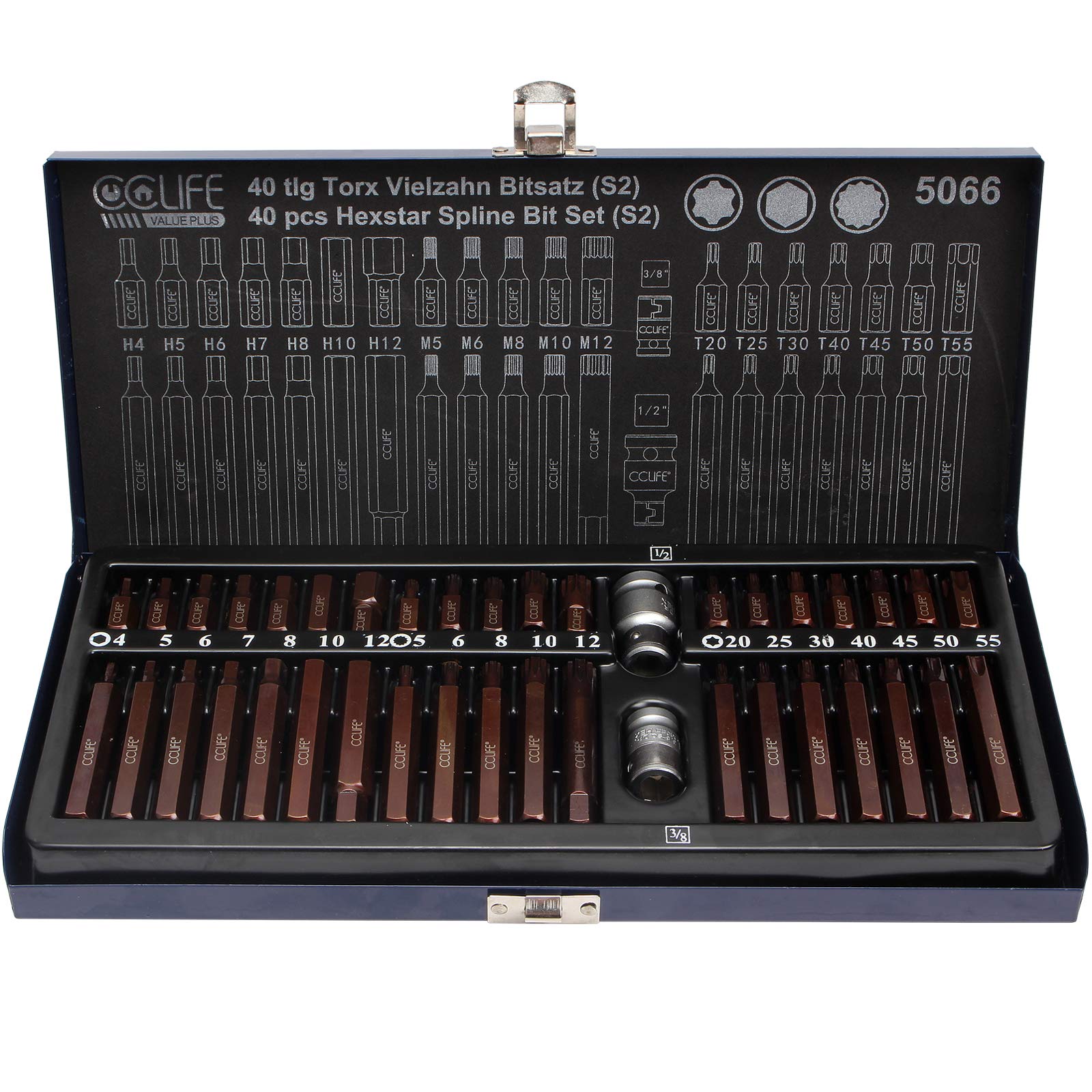 CCLIFE 40 pcs Combined Bit Set, S2 Tool Steel Hexstar Spline Bit Kit 3/8' & 1/2' Adaptor H4-H12 M5-M12 T20-T55