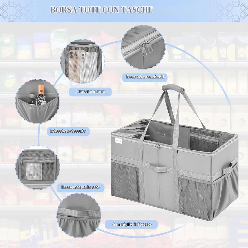 Borsa Shopping Extra Large 2 Pezzi, Borse della Spesa Riutilizzabili Resistenti e Capienti con Tasche e Manici, Borsa Shopping Strutturata e Pieghevole, Borse per la Spesa con Coperchio e Scomparti — foto 6 di 7