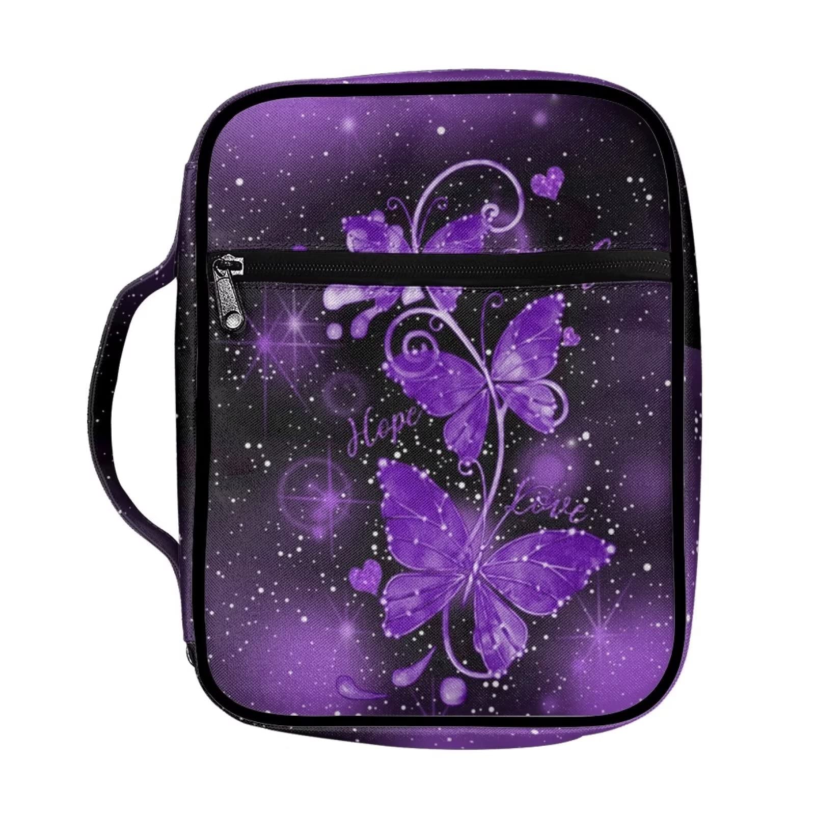 SEANATIVE Purple Butterfly Print Bible Cover Case for Women Girls Lightweight Bible Book Carrying Bag with Handle Pockets Makeup Organizers