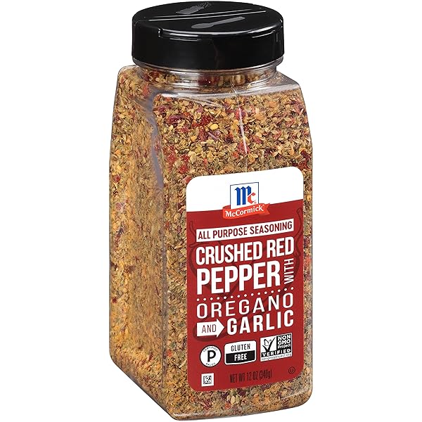 MCCORMICK CRUSHED RED PEPPER WITH OREGANO AND GARLIC ALL PURPOSE SEASONING, 12 OZ