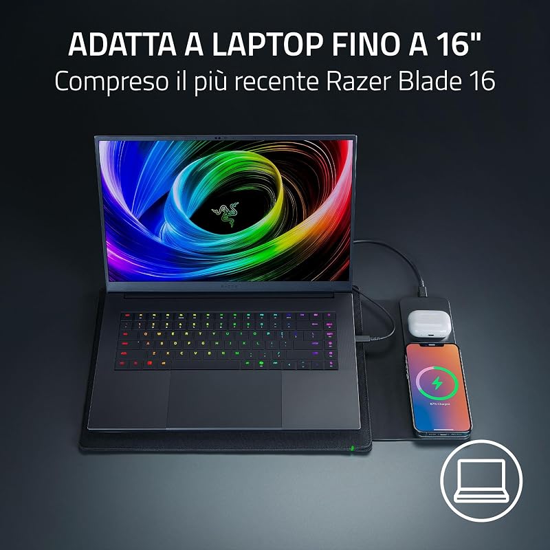 Laptop Sleeve 16" con ricarica wireless - Due zone compatibili con MagSafe per telefono e auricolari - Ricarica rapida fino a 15 W - Interno imbottito - Tessuto in poliestere leggero | Nero