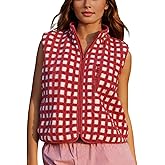 PUWEI Women's Checkered Sherpa Vest Sleeveless Zip Up Fleece Top Crochet Plaid Sherpa Collared Vest with Pocket