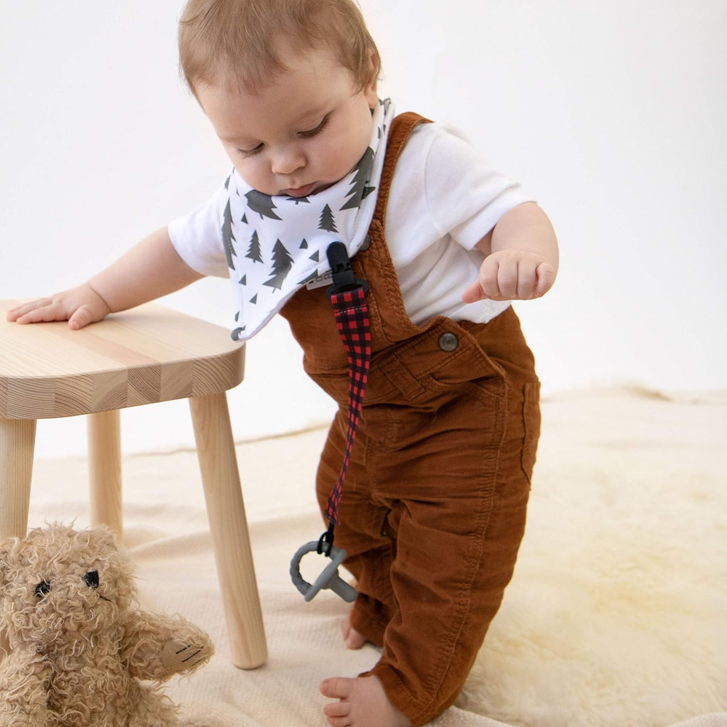 Stadela Baby Pacifier Clip Leash Soothie Teething Ring and Teether Toy Holder for Boy 4 Pack Baby Shower Birthday Gift Set Lumberjack Hunting Deer Woodland Forest Buffalo Check Plaid : Baby