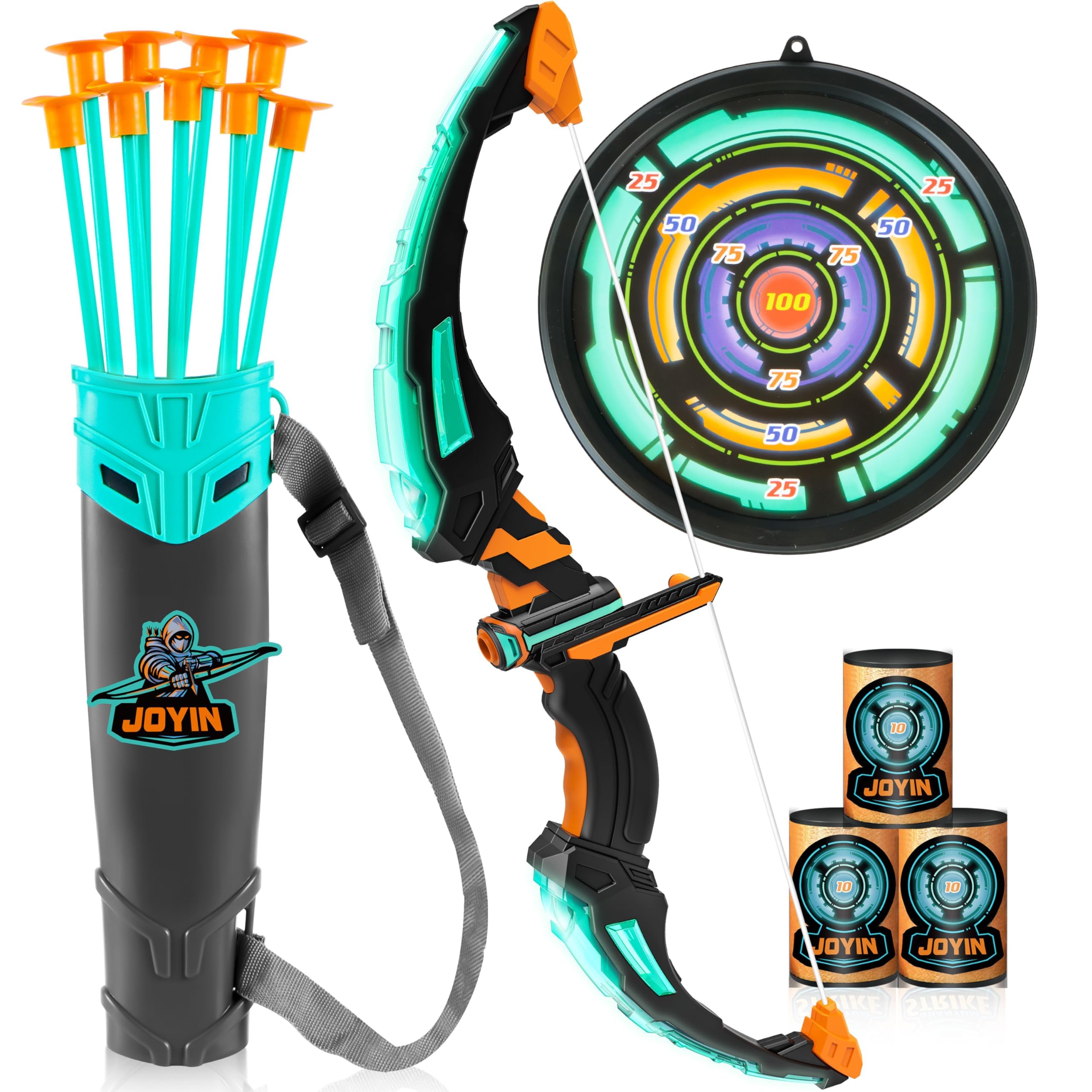 JOYIN Bow and Arrow Archery Toy Set with Flashing LED Lights for Kids, Light Up Archery Play Set with Luminous Bow, 9 Suction Cups Arrows, Targets, and Quiver (Black Green)