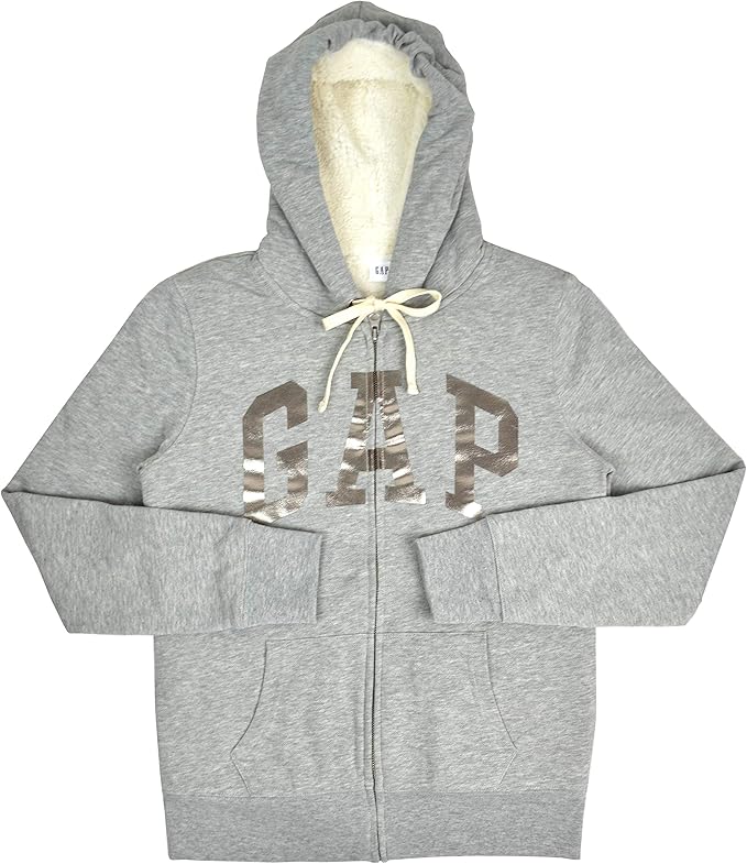 GAP Womens 355343 Sherpa Lined Arch Logo Full Zip Hoodie Sweater Metallic Heather Grey at Amazon 
