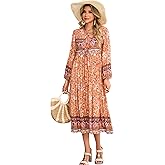 R.Vivimos Women's Long Sleeve Floral Print Retro V Neck Tassel Bohemian Midi Dresses