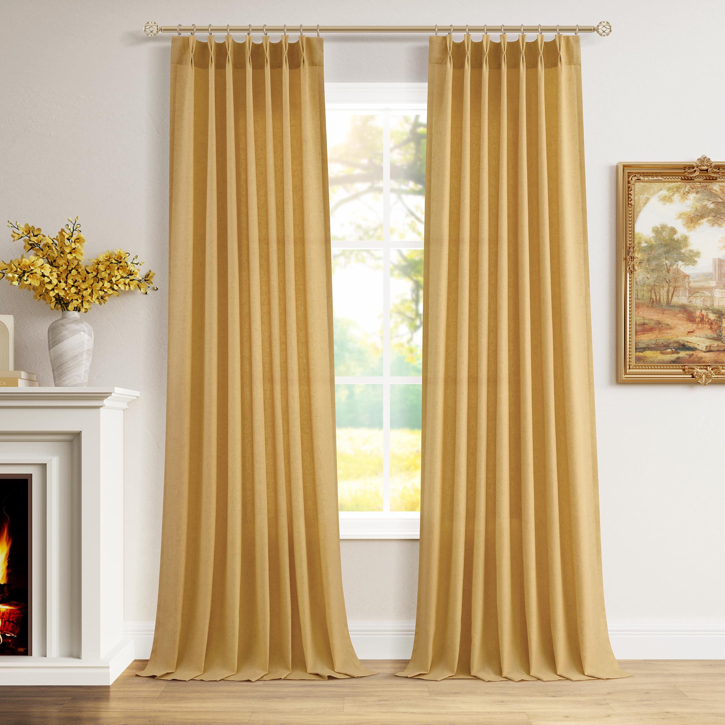 Photo 1 of Aersas Gold Yellow Pinch Pleated Linen Curtains 96 Inch Length 2 Panels for Living Room Bedroom Semi Sheer Window Curtain Boho Neutral Back Tab Pinch Pleat Drape with Hooks 40x96