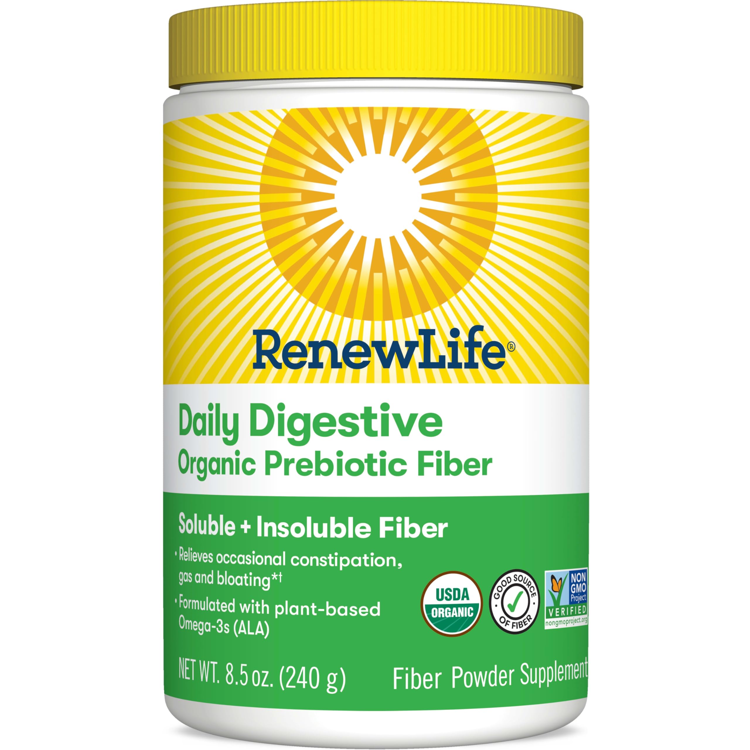Renew Life Daily Digestive Organic Prebiotic Fiber Powder, Daily Supplement Supports Digestive and Immune Health, Soluble and Insoluble Fiber, Dairy and Soy Free, 8.5 oz.