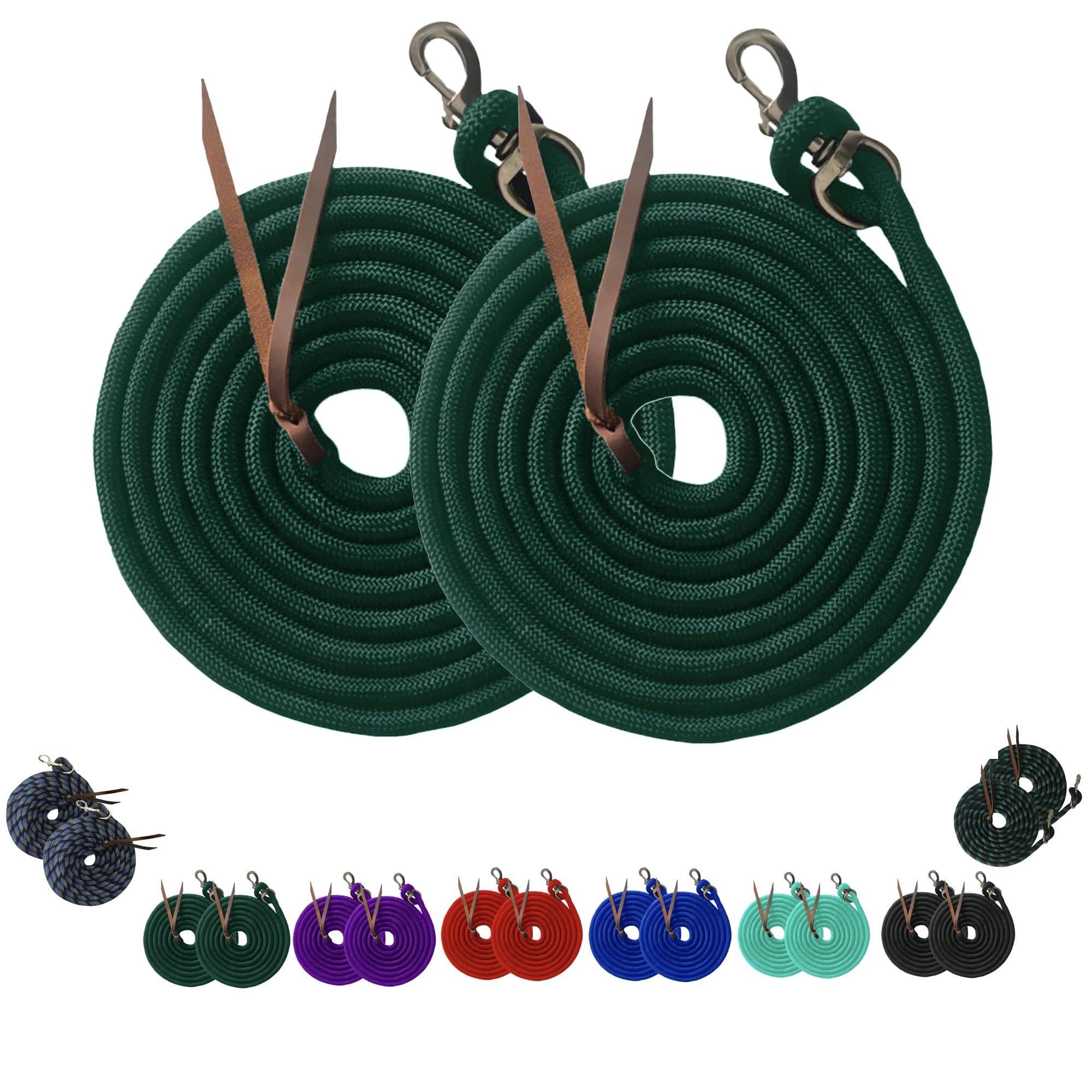 Majestic Ally 14' Pack of 2 Poly Training Lead Rope with Leather Popper for Horses & Livestock – 14 Foot Long and 5/8 inch Thick - Replaceable Heavy-Duty Bolt Snap (Hunter Green)