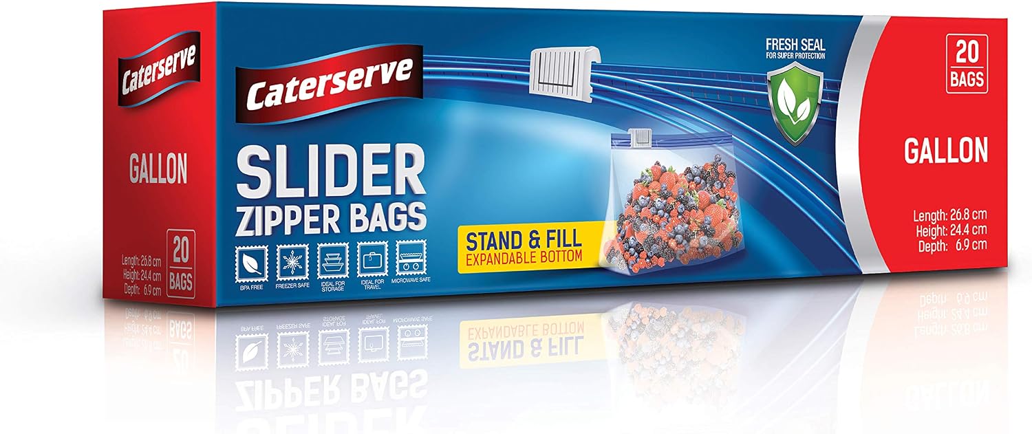 Slider Ziplock Bags, 1 Gallon Food Storage Bags, 20 Resealable Food Bags, Stand and Fill Expandable Bottom