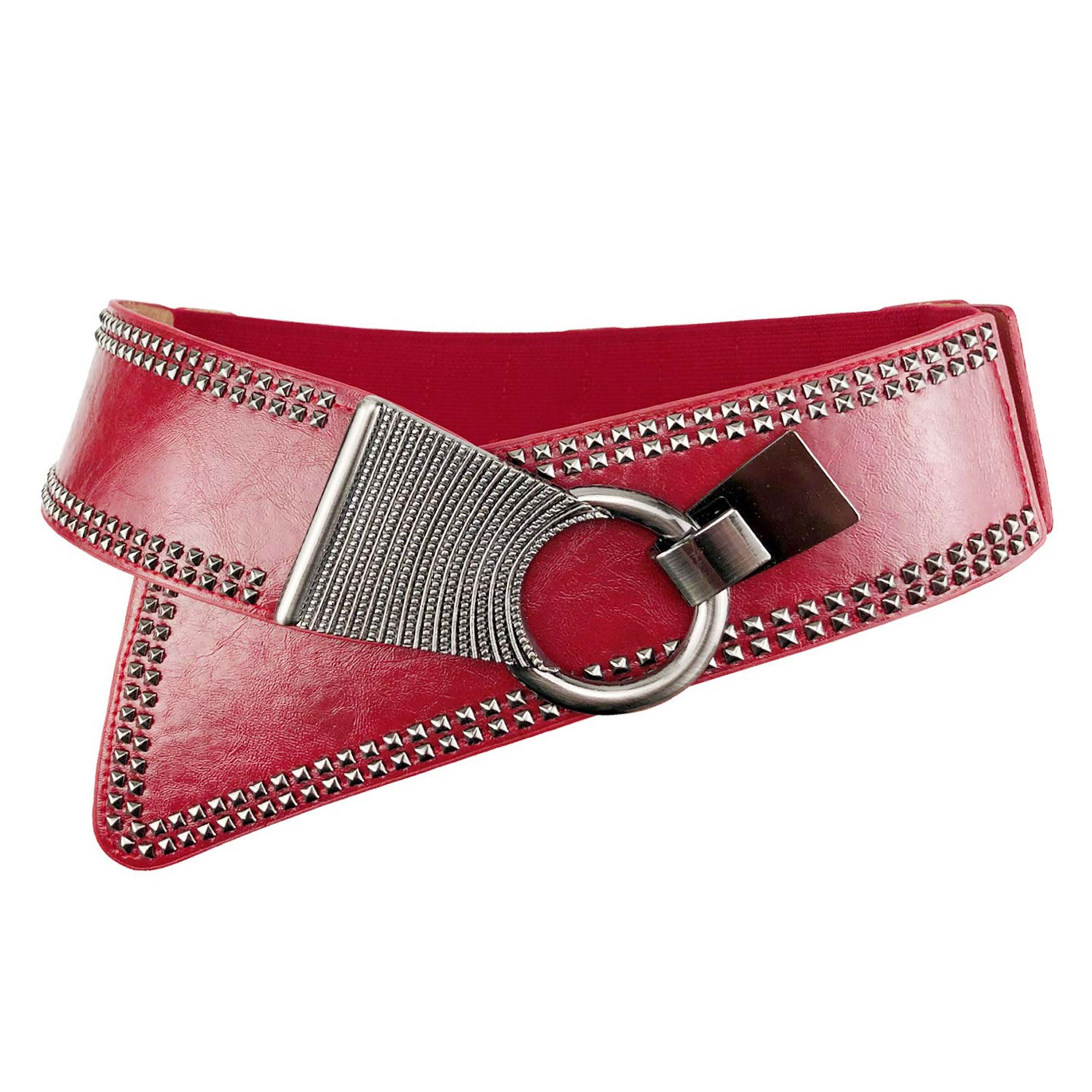 Photo 1 of Iivos Vintage Studded PU Leather Wide Belt for Women – Premium Metal Alloy Rivets, Adjustable, Elastic Waistband for All-Day Comfort, Durable Buckle (Red, X-Large(33"- 41"))