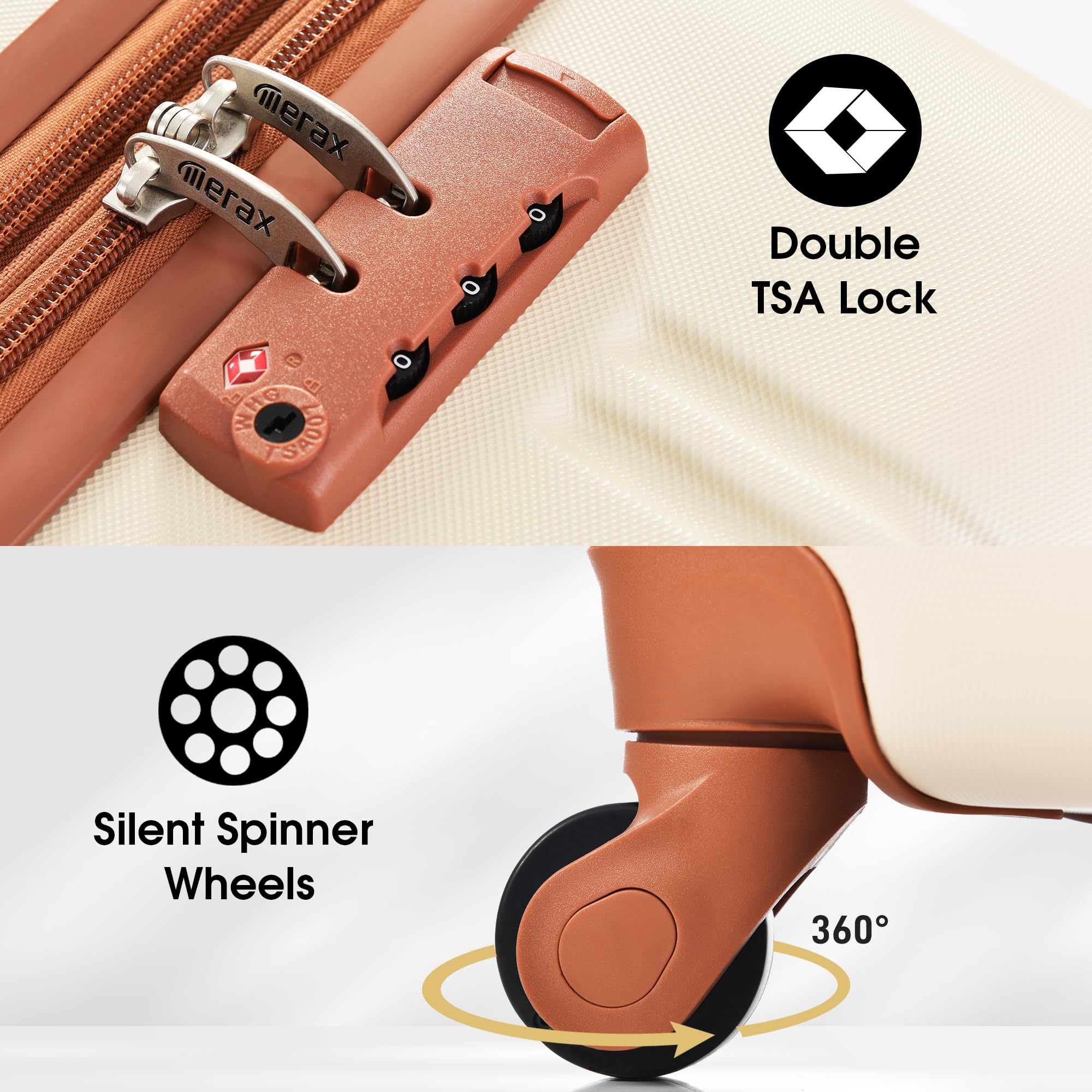 Merax Luggage Sets 2 Piece Expandable Hardside Luggage with Travel Bag Suitcase Set with Spinner Wheels(20+28+bag,Brown+White-1)