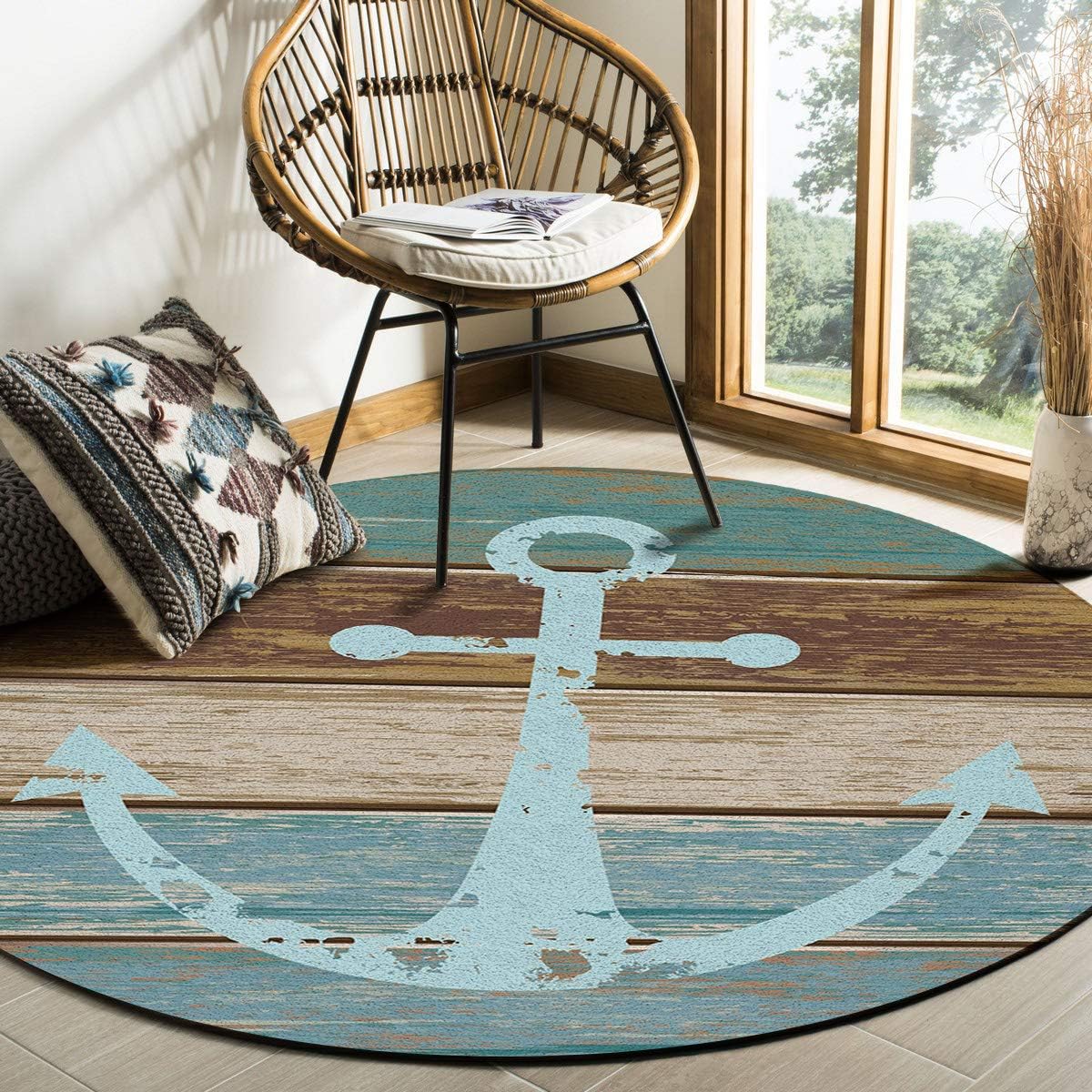 Rustic Wood Anchor Area Rug Round Rugs 3ft, Nautical Ocean Collection Area Runner Circle Rug (Non-Slip) Carpets Kids Living Room Bedroom Indoor Outdoor Nursery Rugs Décor