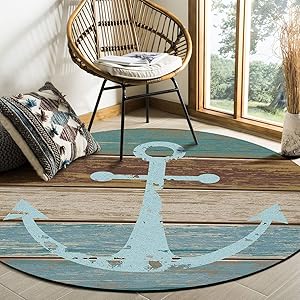 Rustic Wood Anchor Area Rug Round Rugs 3ft, Nautical Ocean Collection Area Runner Circle Rug (Non-Slip) Carpets Kids Living Room Bedroom Indoor Outdoor Nursery Rugs Décor