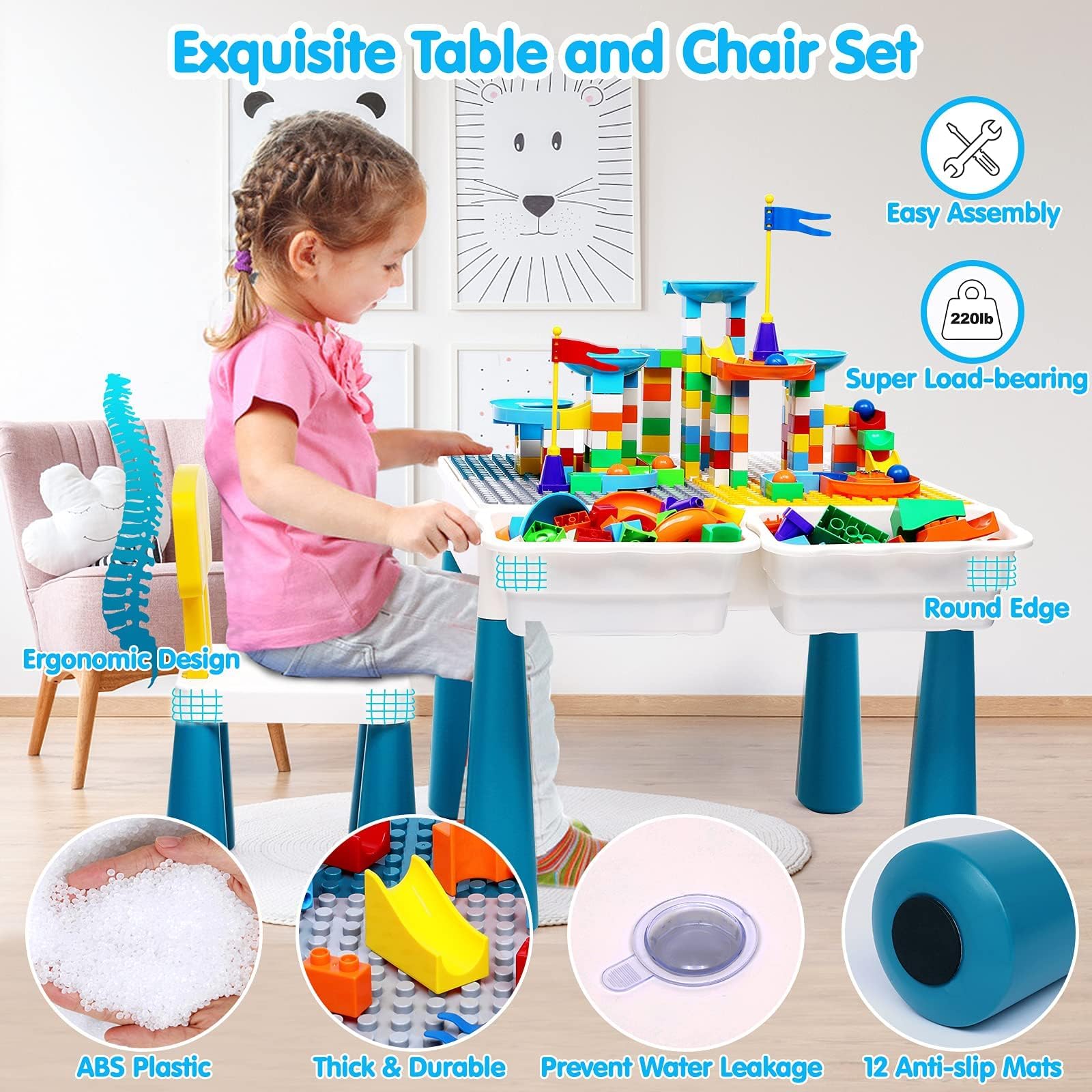 OCATO Kids Activity Table Toddlers Kids Table and Chair Set with 152Pcs Large Marble Run Building Blocks All-in-One Kids Play Table Water Table Sand Table, STEM Toys for Boys Girls 2 3 4 5-10 Year Old