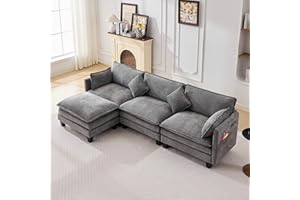 Opiesit 108" Modular Sectional Couches for Living Room with Ottoman, L Shaped Cloud Couch with Charger, USB & Type-c Port, Comfy 4 Seats Sofas with Deep Seat, Chenille Fabric, Darkgrey