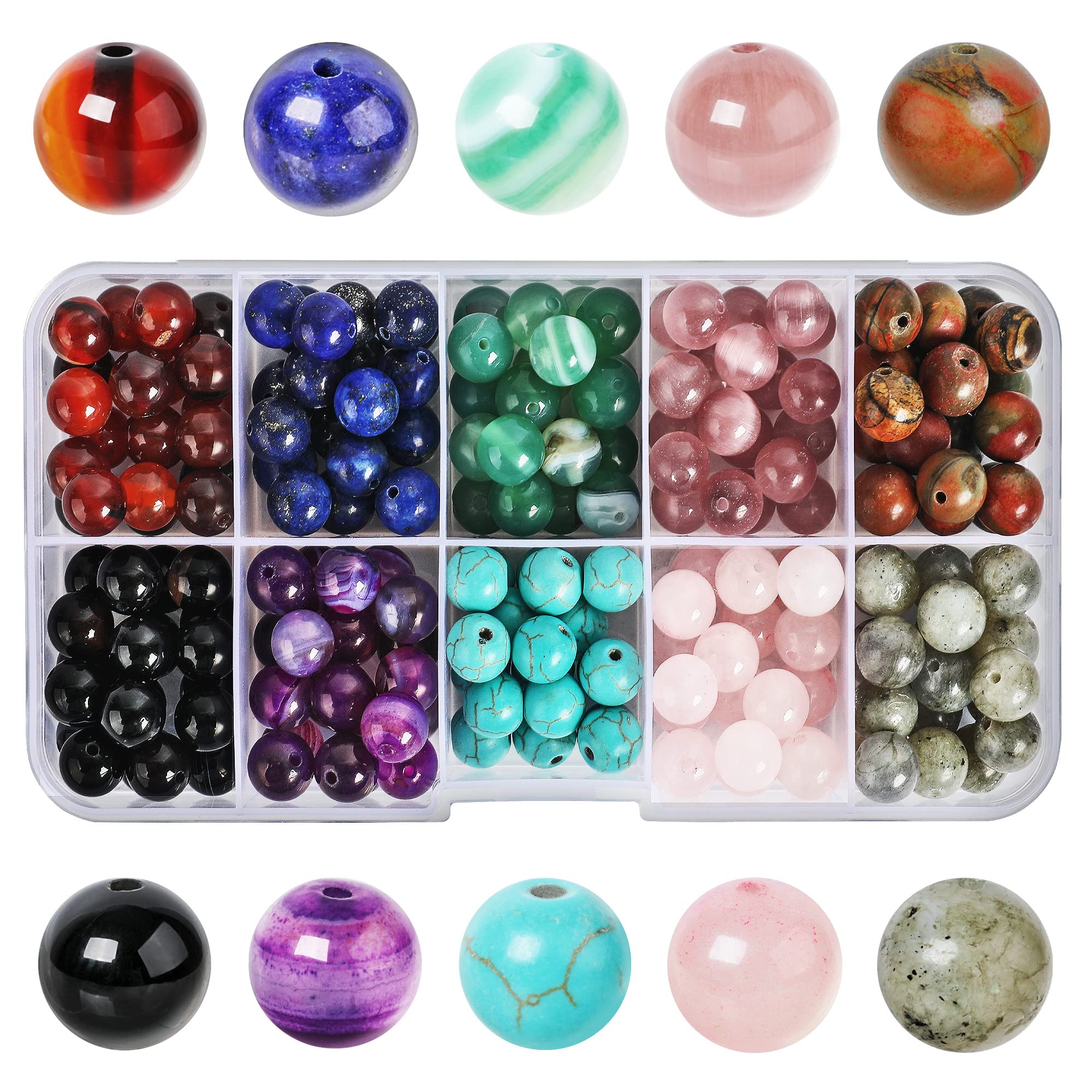 SOSMAR 200pcs Stone Beads, 8mm Crystal Round Beads for Jewellry Making, Rose Quartz/Lapis Lazuli/Turquoise/Agate Craft Bead for Bracelet Necklace Jewellery Making Kits Adults, 10 Colours — image 1