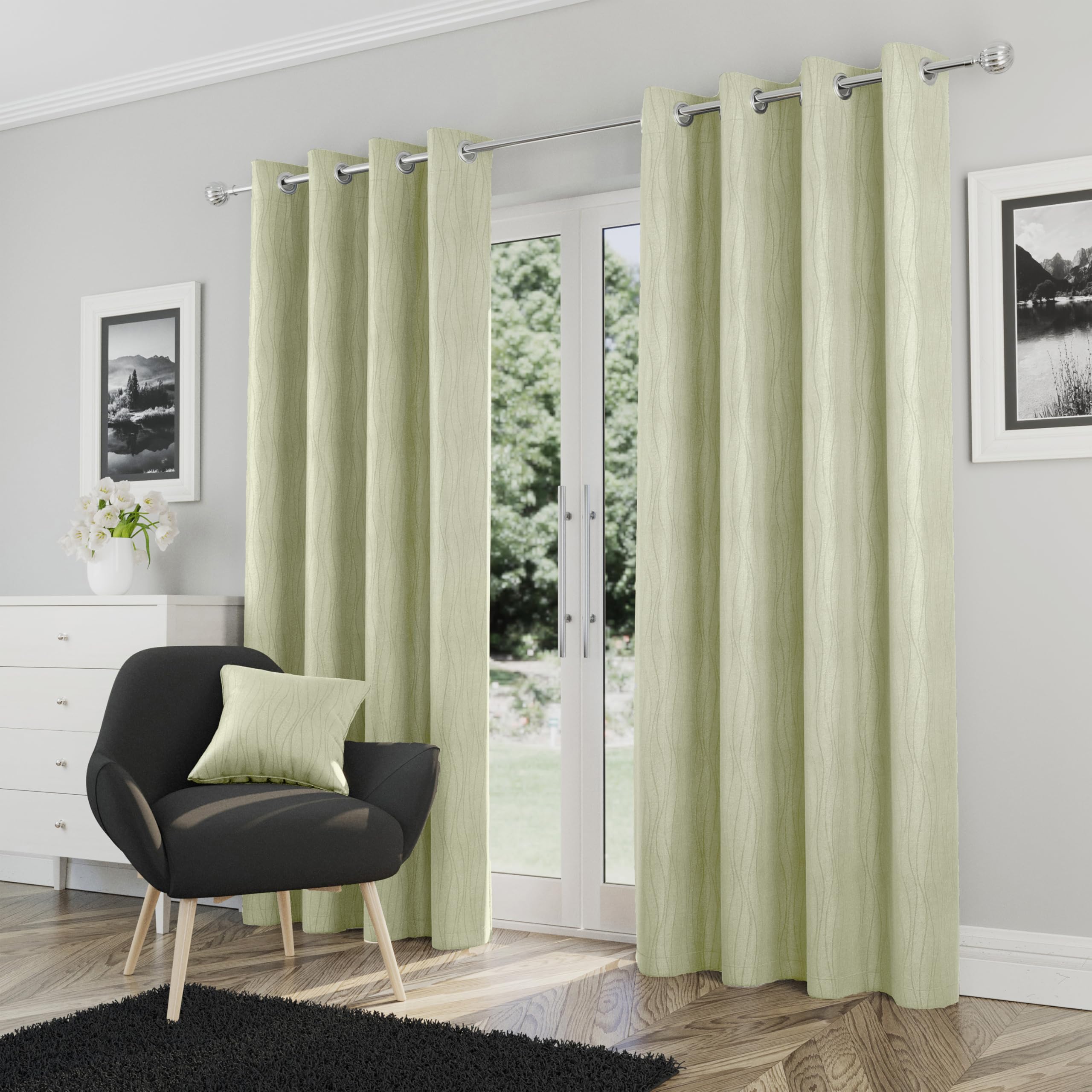Enhanced Living Goodwood Eyelet Green Curtains for Bedroom with Subtle Wave Pattern - 66x54 inch (168x137 cm) - Noise Reducing Thermal Curtains for Bedroom - 2 x Curtain Panels