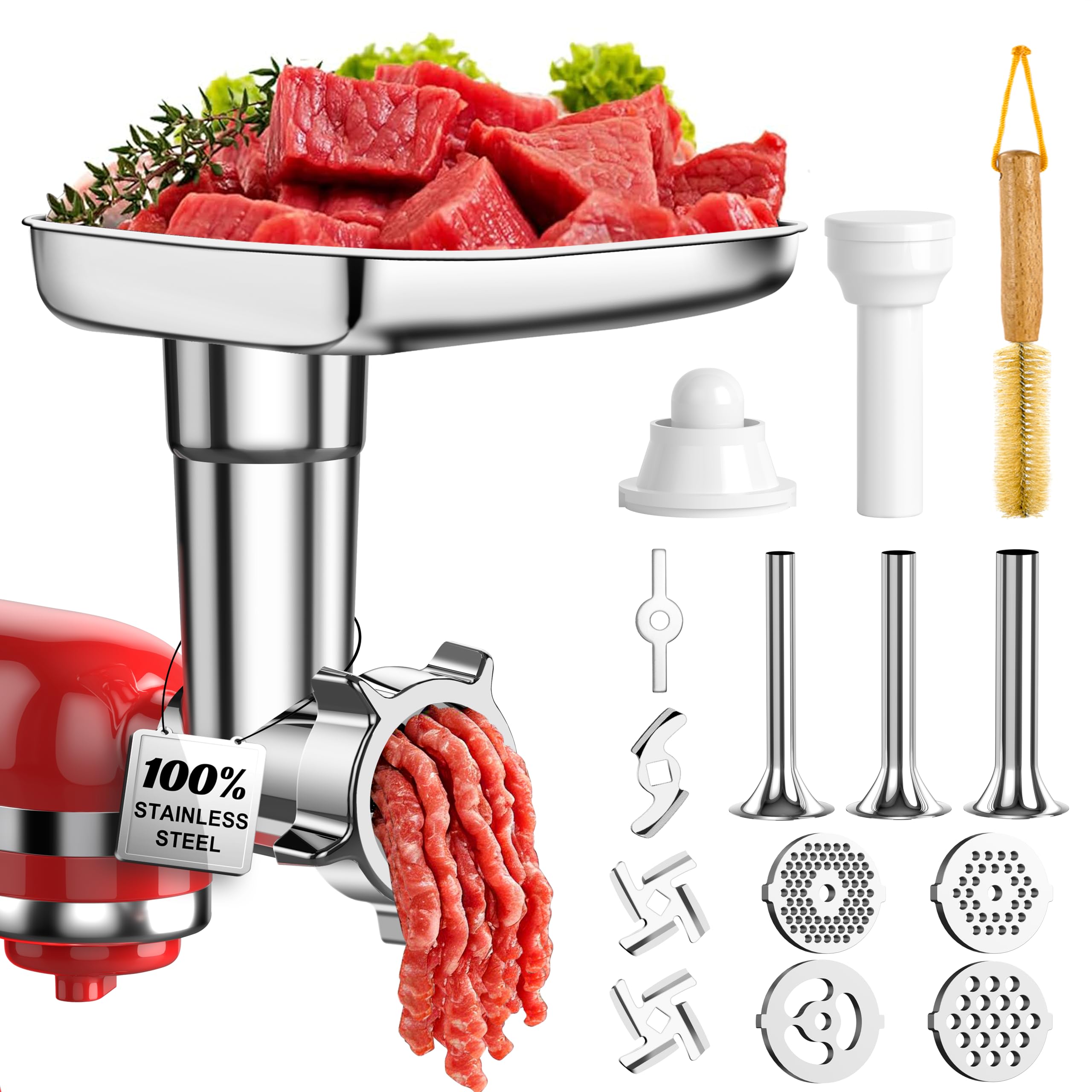 Photo 1 of 100% Polished Stainless Steel Meat Grinder Attachment for KitchenAid Mixer, Dishwasher Safe Food Grinder Attachment Anti-Corrosion, 18-Piece Set Includes 3 Seamless Sausage Stuffers, 4 Grinding Plates