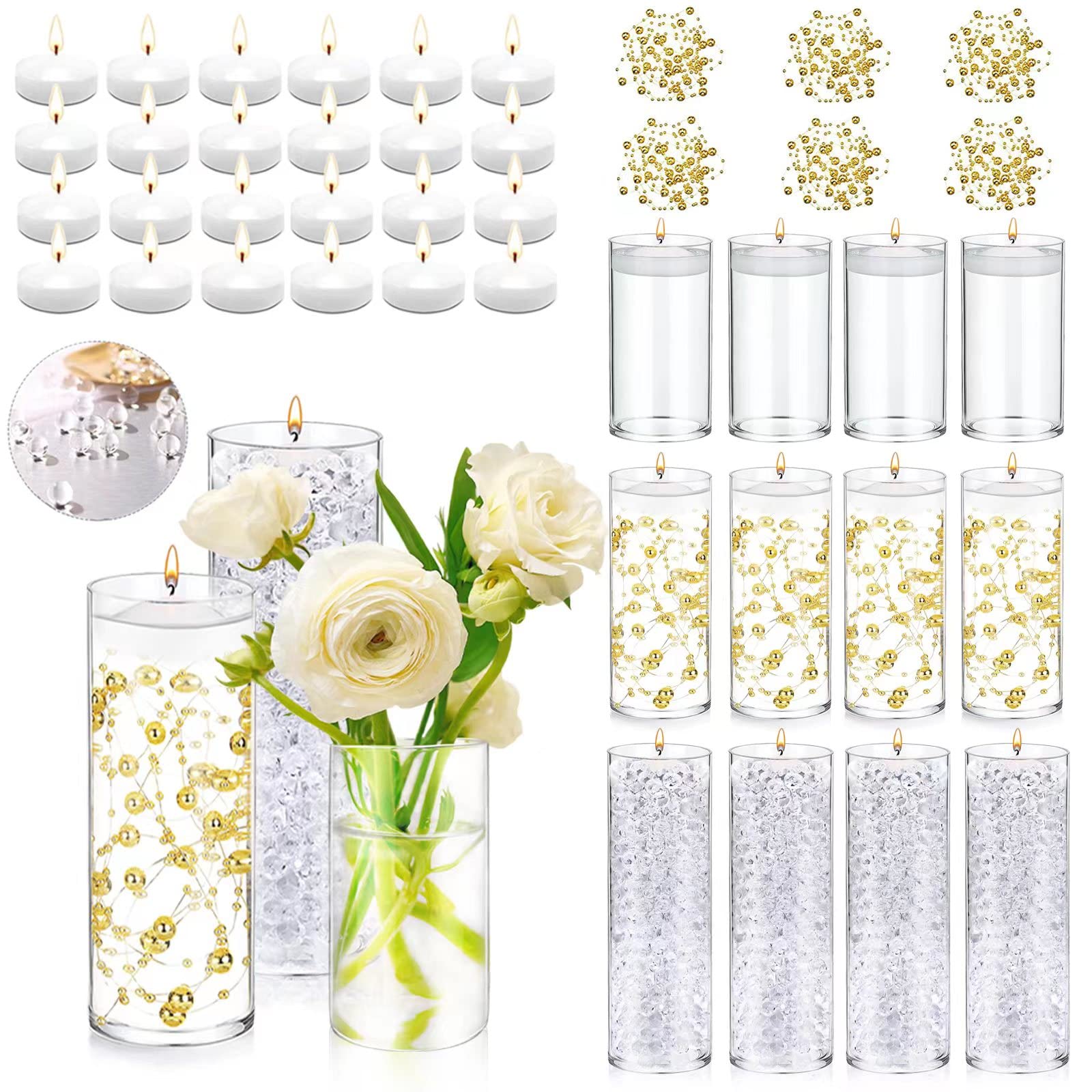 Photo 1 of UDU 12 Set Glass Cylinder Vases for Centerpieces with 80000 Vase Filler 24 White Floating Candles 6 Pearl String for Wedding Party Home Table Decoration