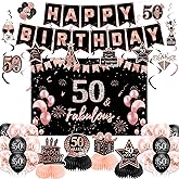 50th Birthday Decorations for Women, Pre-Strung Black Rose Gold Happy Birthday Banner Balloons Backdrop Honeycomb Centerpieces & Hanging Swirl Streamers, 50 Years Old Birthday Party Decorations Kit
