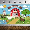 7x5ft Farm Birthday Decorations Cartoon Animal Born Backdrop Red House Windmill Zoo Cute Pig Dairy Cow Animal Background Kids Baby Shower Party Banner Deco