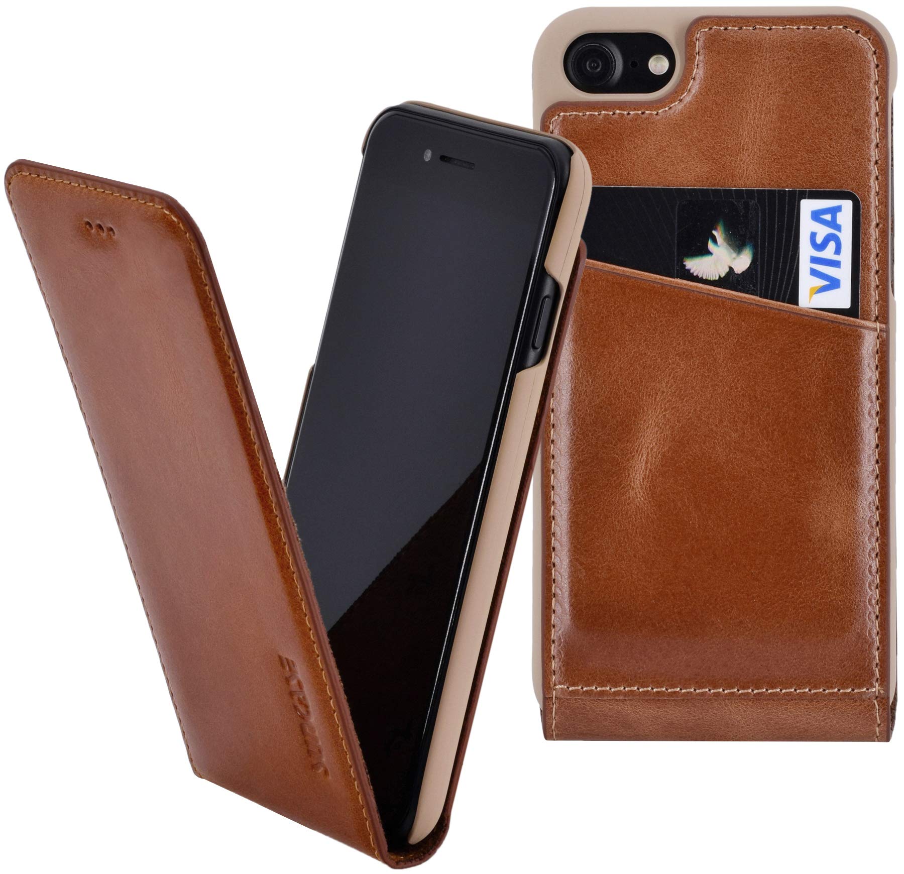 Suncase Original Flip Case Compatible with iPhone 8 | iPhone 7 Leather Case Protective Cover (Ultra Slim) in Cognac