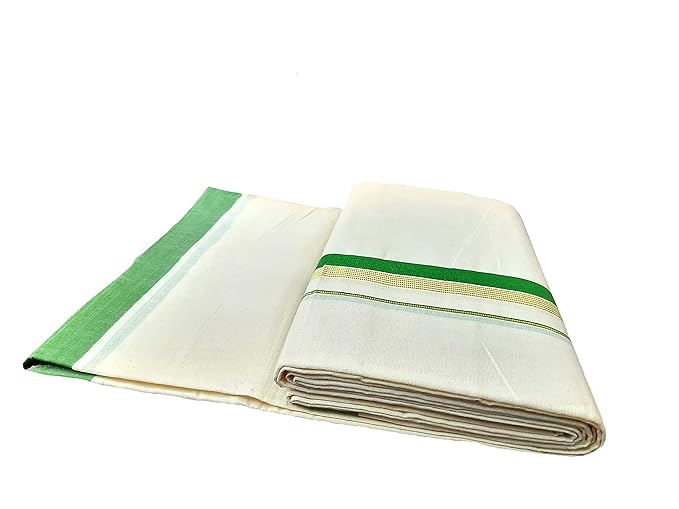 kerala traditional 100% pure cotton handloom gold kasavu with green boarder dhoti
