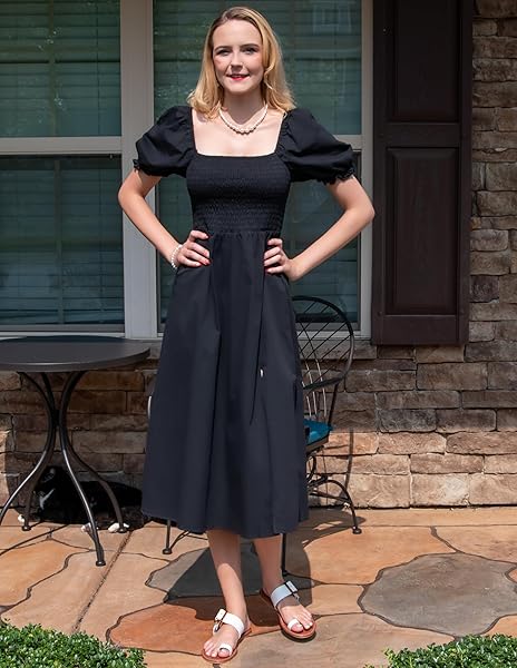 WOMEN’S SUMMER CASUAL PUFF SLEEVE DRESS SQUARE NECK SMOCKED OFF SHOULDER BOHO SIDE SPLIT MIDI DRESSES