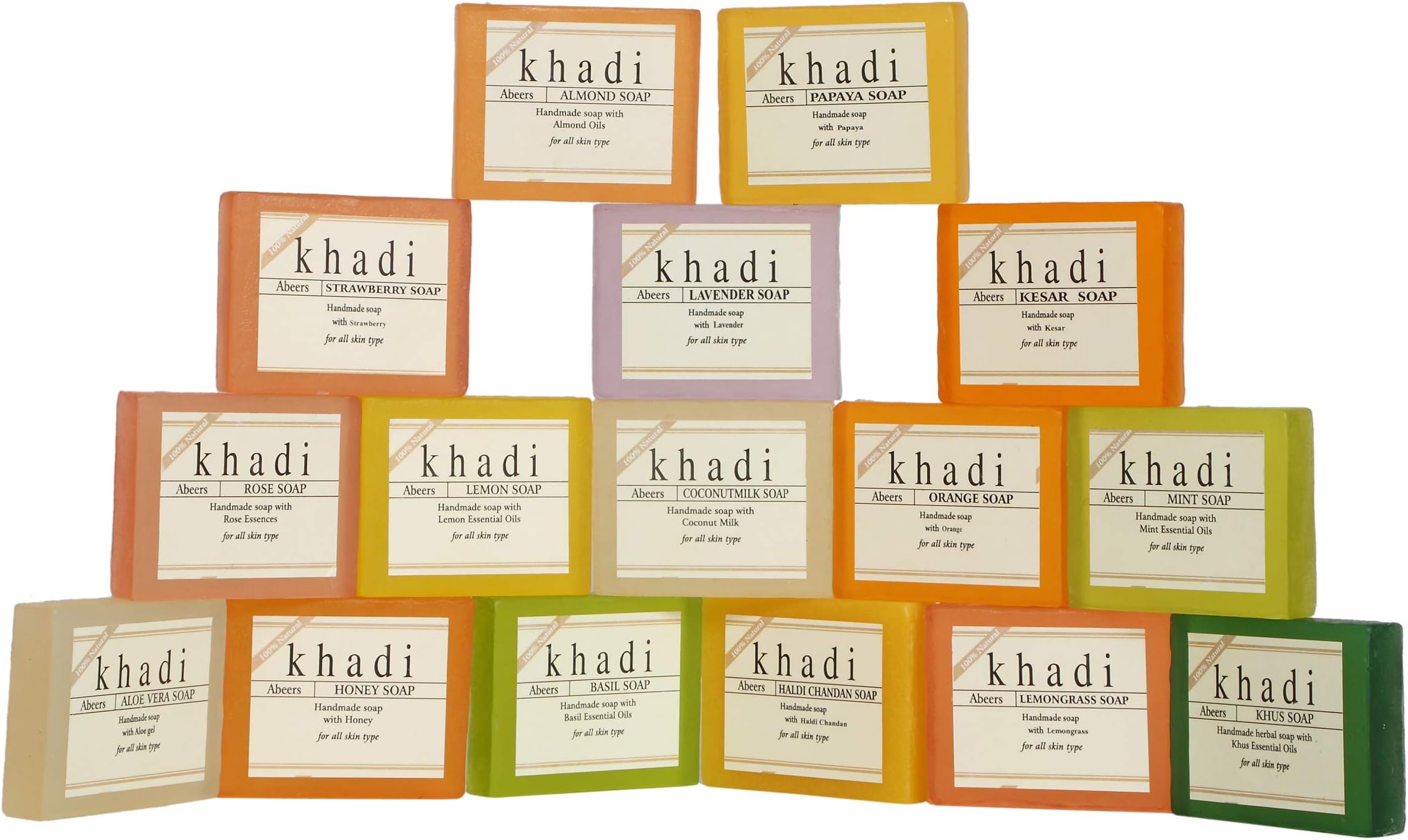 Khadi Handmade Natural Bath Soaps in 16 Piece Set in Lemon, Aloe Vera, Basil, Mint, Rose, Coconut Milk, Orange, Honey, Lavender, Almond, Papaya, Kesar, Haldi Chandan, Lemongrass, Khus, Neem Tulsi(800 Grams)