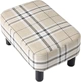 IBUYKE 42CM Linen Footstool Pouf with Pine Wood Legs Rectangular Stool