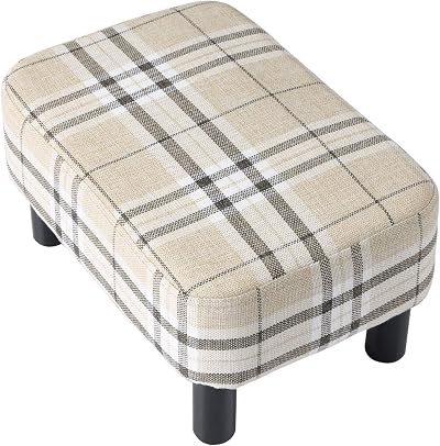 IBUYKE 42CM Linen Footstool Pouf with Pine Wood Legs Rectangular Stool