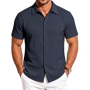 Men's Short Sleeve Button Down Kintting Shirt Summer Beach Solid Color Lightweight Top Casual Golf Polo Shirt