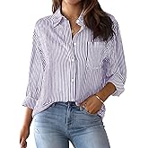 AISEW Womens Button Down Shirts Striped Classic Long Sleeve Collared Office Work Blouses Tops with Pocket