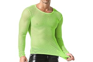 QiaTi Men's Fishnet Shirt Mens Fishnet Top Mesh Transparent Long Sleeve Muscle T-Shirt Net Undershirt Top