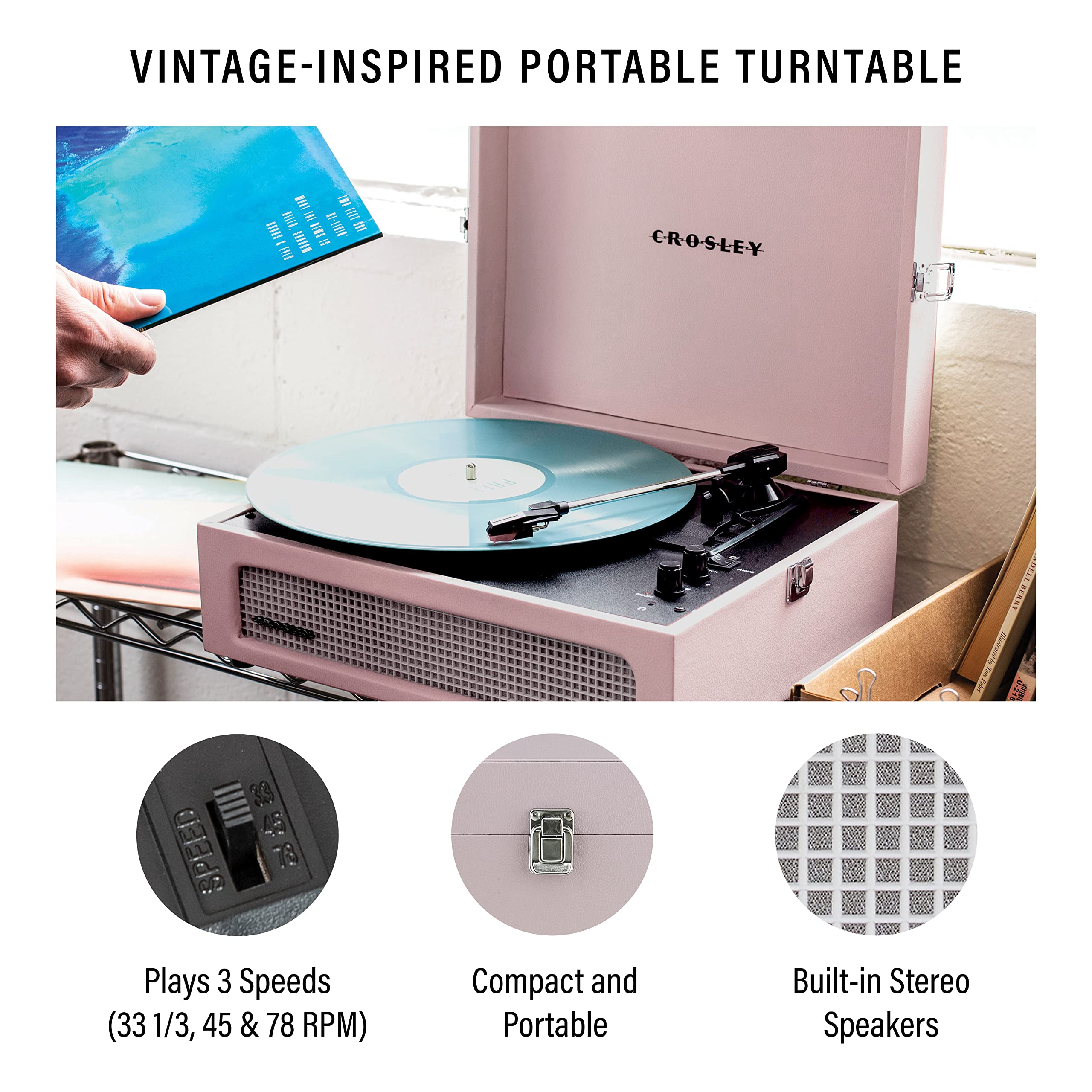 Crosley CR8017B-AM Voyager Vintage Portable Vinyl Record Player Turntable with Bluetooth in/Out and Built-in Speakers, Amethyst