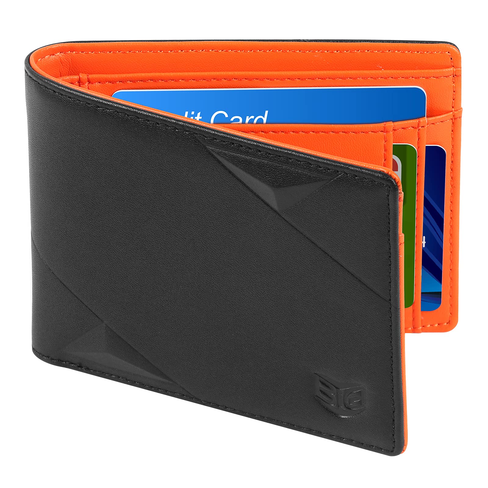 BVIGE Mens Wallet, Mens Wallets Leather with Coin Pocket, RFID Bifold Slim Wallet Mens with 8 Card Holder 1 ID Window 2 Banknote Compartment, Men's Wallets with Gift Box (Black & Orange)