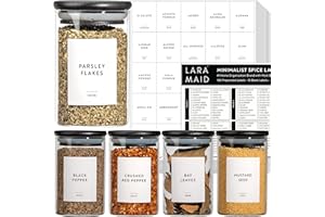 LARAMAID 267 Minimalist Spice Label Set, Black Text on White Vinyl Waterproof Label Sticker with Removable Adhesive- Fits on Round, Square and Rectangle Jars - Organize Spice, Herb and Seasonings