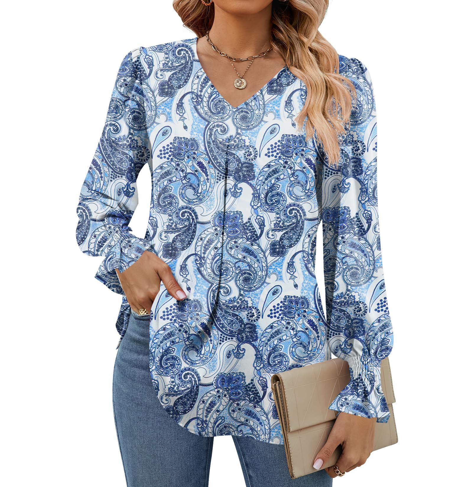 Photo 1 of Funlingo Womens Fall Puff Long Sleeve Tops Ladies Shirts Work Outfits for Women Office Dressy Blouse Cashew Blue Floral X-Large