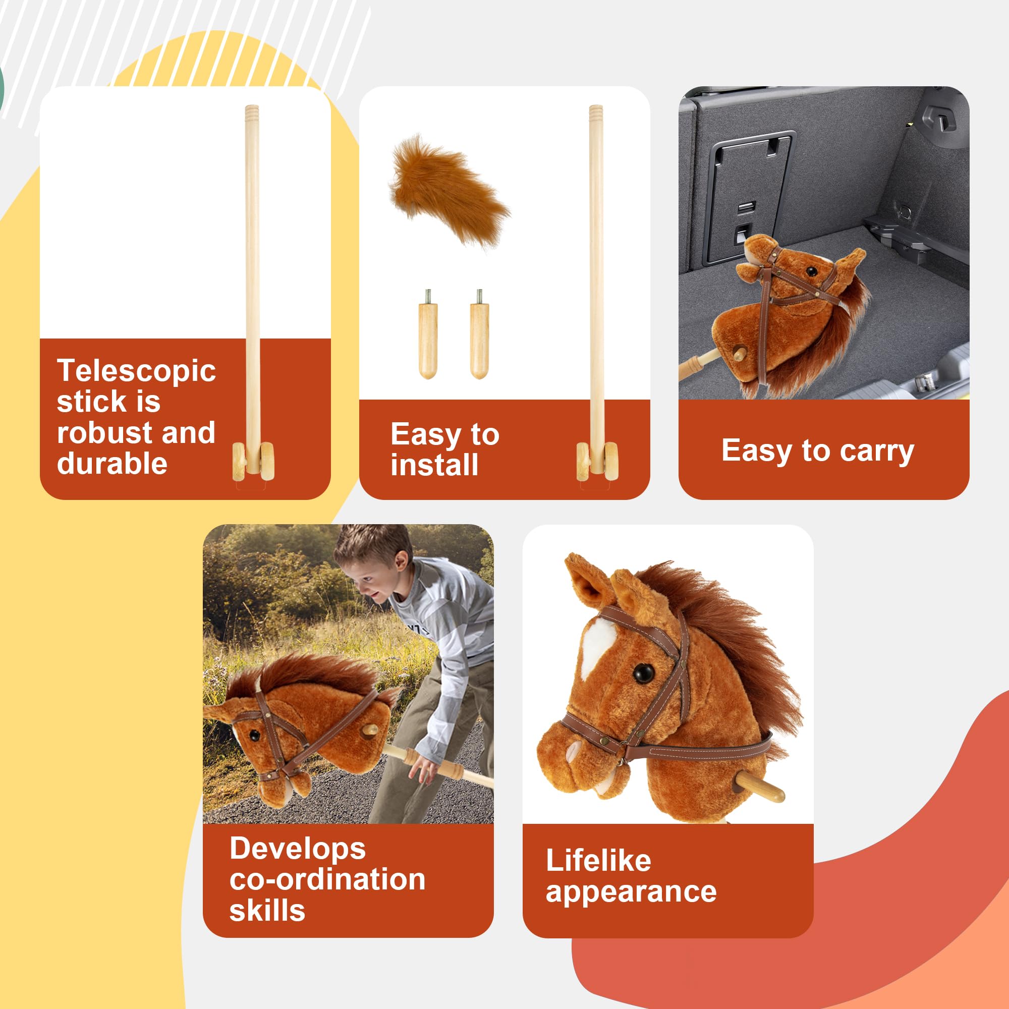 Morytale Stick Hobby Horse Riding Toy, Plush Stick Horse for Toddlers Ages 3+, Horses Ride on Toy Fun Pretend Play with Wooden Wheels and Real Pony Clip-Clop Sounds 39 Inches-Light Brown